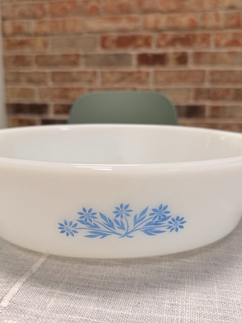 Vintage Anchor Hocking Fire-King Blue Floral Milk Glass Casserole Bowl USA